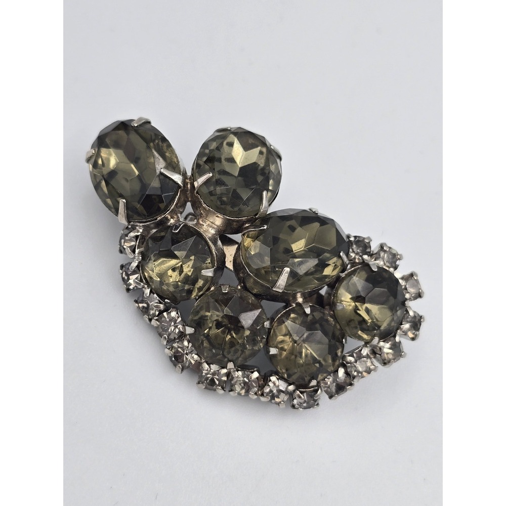 Vintage Mid-Century Rhinestone Brooch Pin Silver Tone Olive Green & Clear
